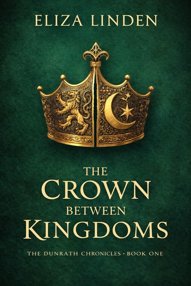 Cover of The Crown Between Kingdoms: a gold crown split down the middle, one half bearing a rampant lion, the other a crescent moon and stars, on a deep emerald ground.