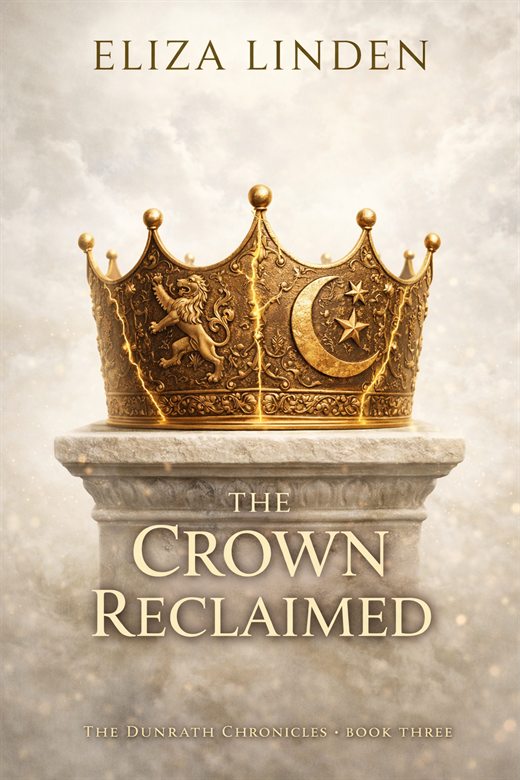 Cover of The Crown Reclaimed, Book Three: the mended crown restored on a stone pedestal in bright light.