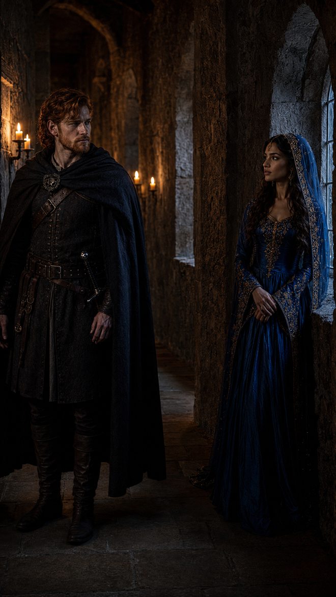 James and Jasmine standing apart in a candlelit stone corridor at Dunrath, she in a blue and gold gown and veil, he in a dark cloak.
