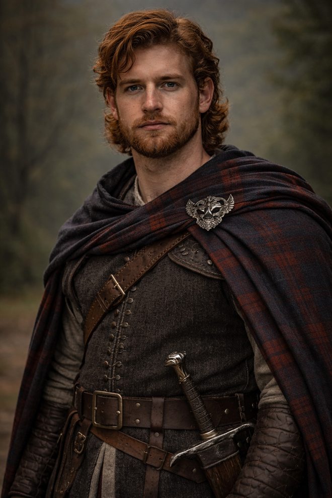 James MacKenzie: a young red-haired, bearded Highland king in a plaid cloak and leather, a sword at his belt.